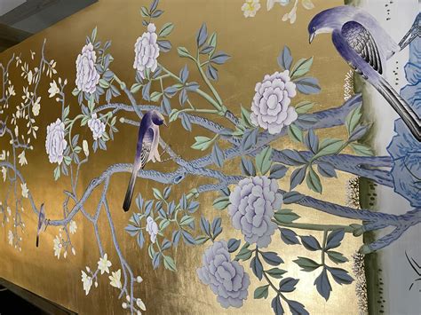 Chinoiserie Panel Hand Painted Wallpaper On Gold Metallic Accept