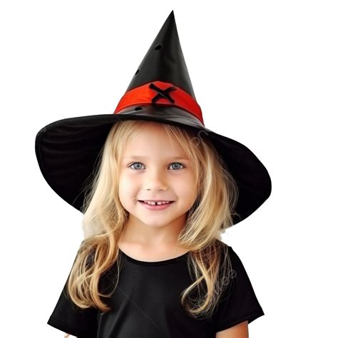 beautiful little blonde girl in a black dress in black and red leggings a witch hat halloween