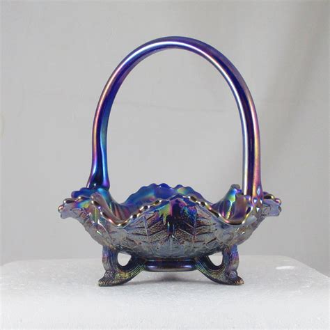 Fenton Marigold Cobalt Butterfly Carnival Glass Handled Basket Carnival Glass