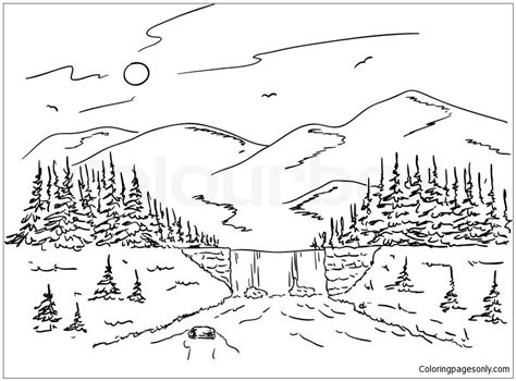 This coloring page features a picture of mountain to color. Mountain Landscape With A Waterfall On The Creek Coloring ...