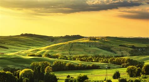 Tuscany Spring Rolling Hills On Sunset Rural Landscape Green Stock