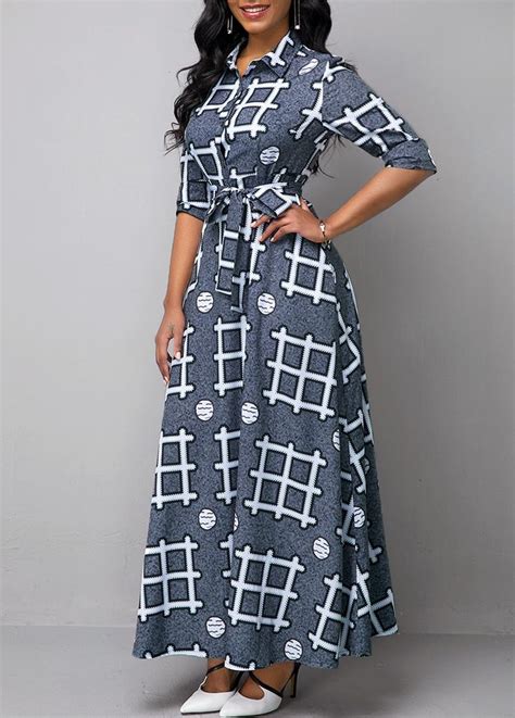 Long Sleeve Geometric Print Turndown Collar Dress Usd 3639 Latest African