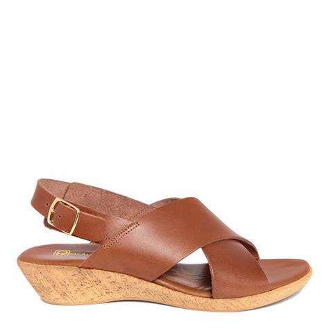 Tan Leather Cross Strap Low Wedge Sandals Brandalley