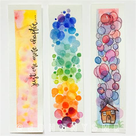 three watercolor bookmarks with different designs and words on them one has a house and the
