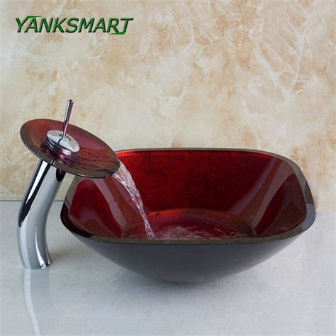 Add style and functionality to your bathroom with a bathroom vanity. YANKSMART Square Red Bathroom Artistic Tempered Glass Vessel Vanity Sink with Matching Waterfall ...