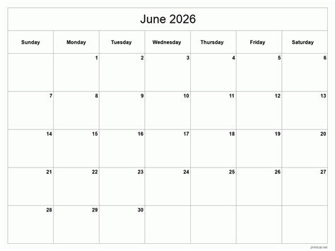 Printable June 2026 Calendar Free Printable Calendars