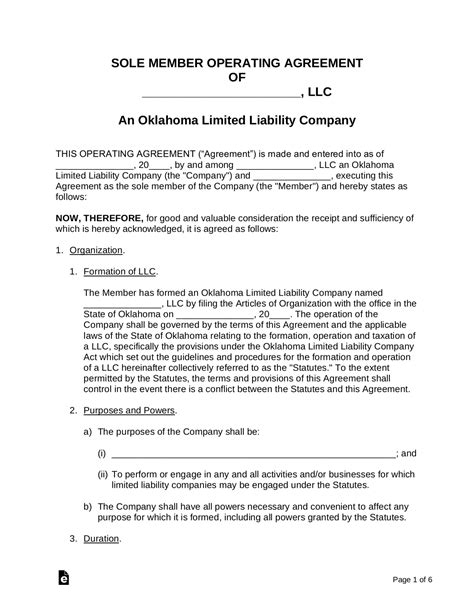 Free Oklahoma Single Member Llc Operating Agreement Form Pdf Word