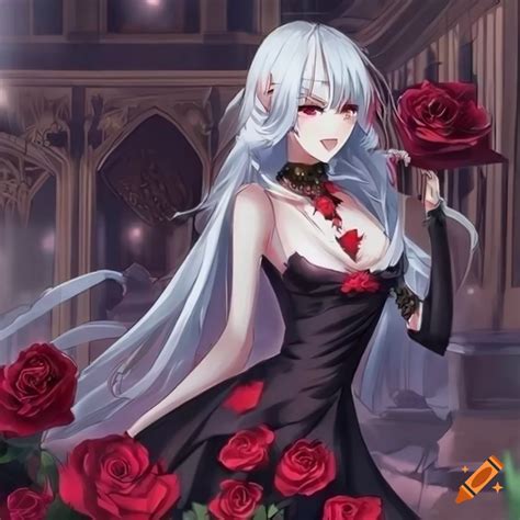 Anime Vampire Girl In A Palace Surrounded By Red Roses