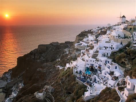 Greece Santorini Sunset Picturesandwallpapers Building Traveling