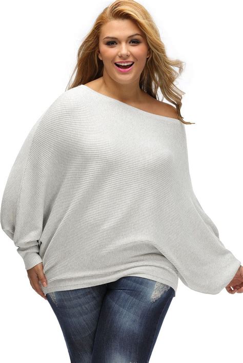 Plus Sizes Gray Off Shoulder Long Sleeves Loose Fit Batwing Sweaters