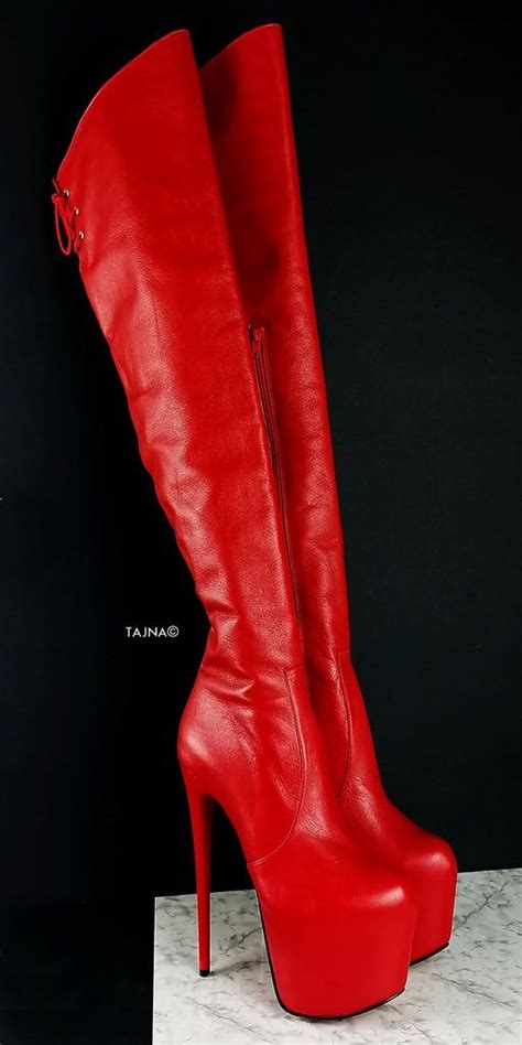 Red Genuine Leather Over The Knee Boots Black Leather Knee High Boots