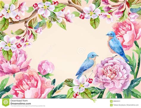 Vintage Card With Flowers And Birds Spring Background
