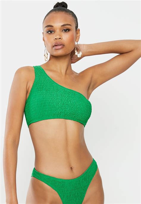 Crinkle One Shoulder Bikini Top Green Missguided Bikinis Superbalist Com