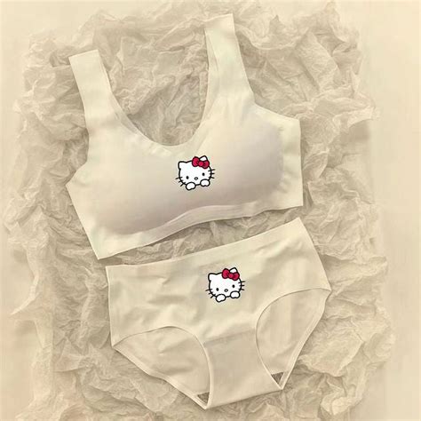 Sanrio Hello Kitty Bra Panties Kawaii Girls No Rims Ice Silk Satin Lingerie Health Underpants