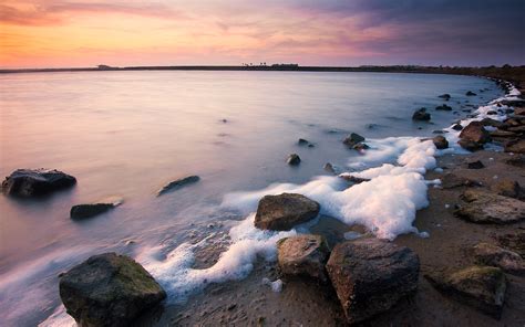 wallpaper sea foam stones beach morning sky dawn awakening whisper 2560x1600 goodfon