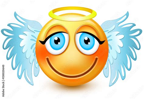 Cute Angel Like Face Emoticon Or 3d Smiling Winged Emoji With Blue