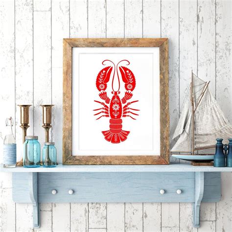 Red Lobster Art Print In Scandinavian Folk Illustration Style Red