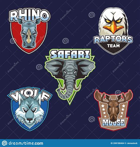 Bundle Of Five Wild Animals Heads Emblems Stock Vector Illustration