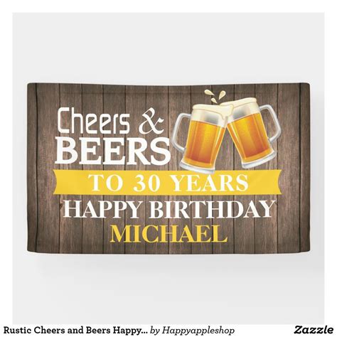 Rustic Cheers And Beers Happy 30th Birthday Yellow Banner