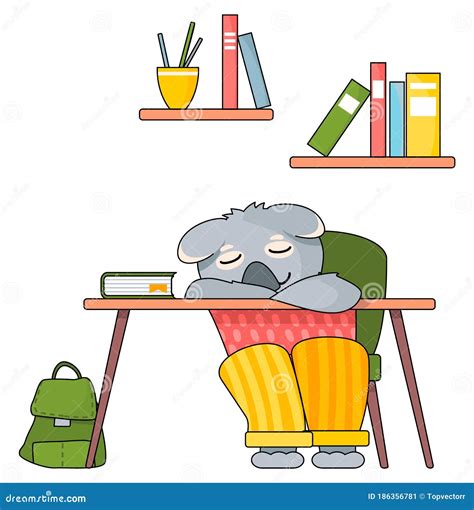 Funny Cartoon Animal Student Koala Schoolboy Sitting And Sleeping At A