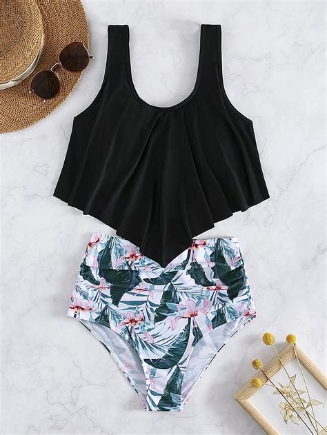 Random Tropical Print Hanky Hem Bikini Swimsuit Shein Uk