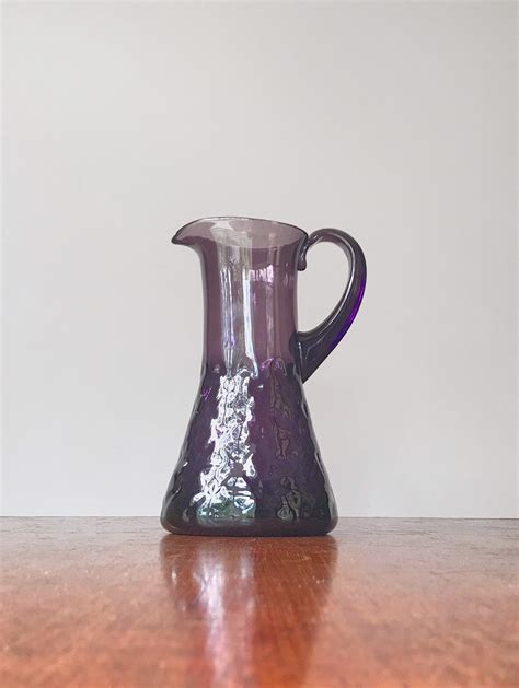Vintage Blenko Glass Footed Pitcher Purple Glass Elegant Hand Made Glass Applied Handle Etched