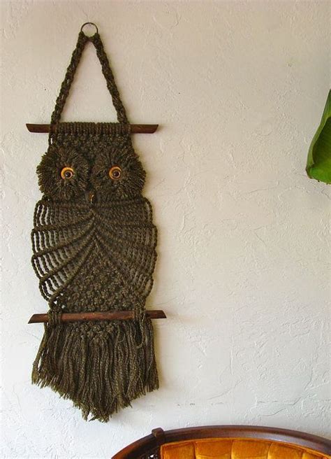 Product title zkgk owl art pattern tapestry wall hanging wall deco. Vintage Brown Macrame Owl Wall Hanging with Ceramic Eyes on Real Wood Branches | Macrame owl ...