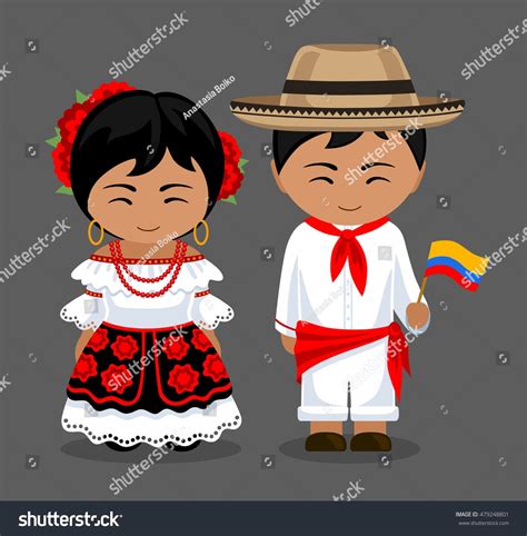 Colombians In National Dress With A Flag Man And Woman In Traditional