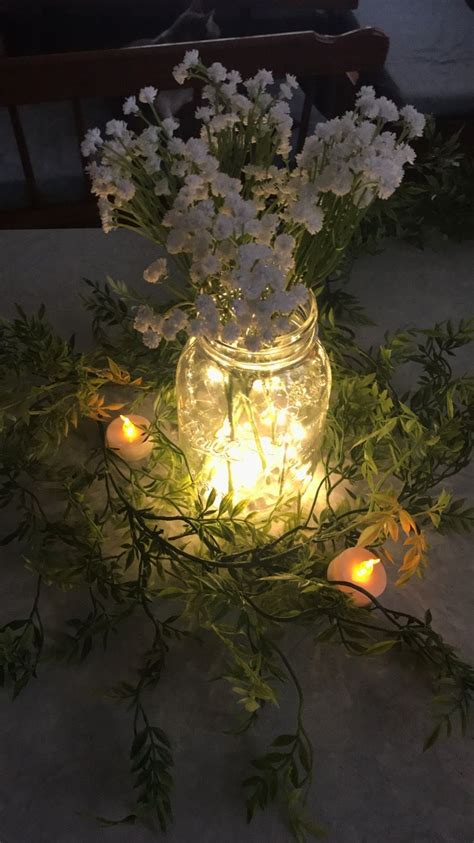 Centerpieces Dark Green Garland Tea Lights Mason Jar With Fairy