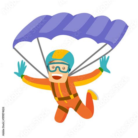 Caucasian White Man Flying With A Parachute Young Happy Man