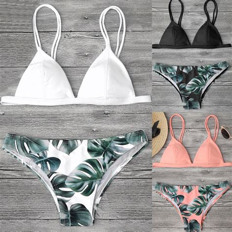 women split swimwear bikini set tropical leave print bottom solid top female brazilian bather