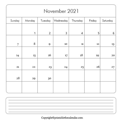November 2021 Calendar With Notes Free Printable Template Printable