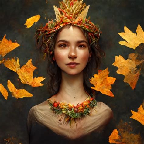Goddess Of Autumn With An Autumn Leaf Crown And Dress Midjourney