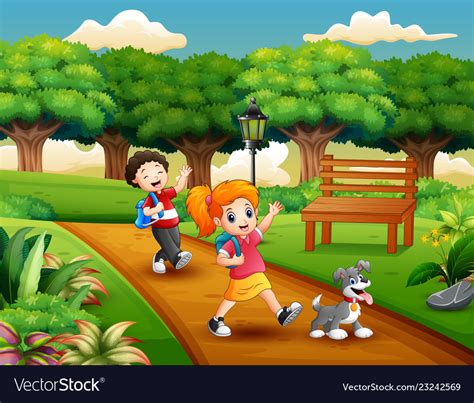 Cartoon Two Kids Playing In Park Royalty Free Vector Image