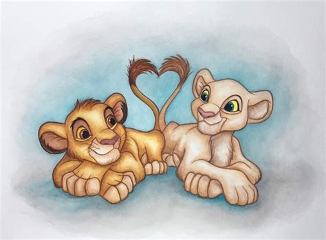 Disneys The Lion King Simba And Nala Watercolor Painting Print Etsy