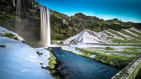 Nature Waterfalls Snow Waterfall Iceland Seljalandsfoss Hd