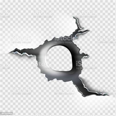 Ragged Bullet Hole Torn In Ripped Metal On Transparent Background Stock