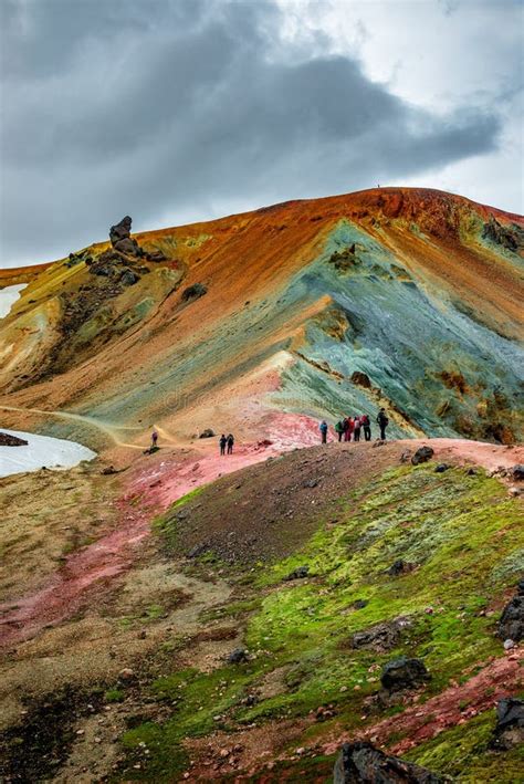 Beautiful Colorful Volcanic Mountains Landmannalaugar And Hikers On