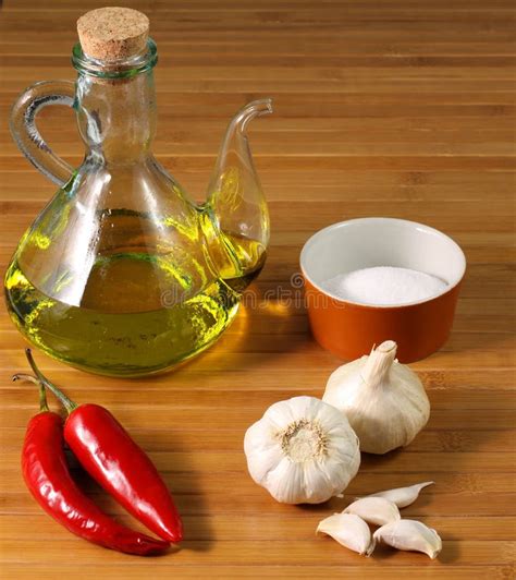 Ingredients Salt Oil Garlic And Chilli Stock Image Image Of Drops