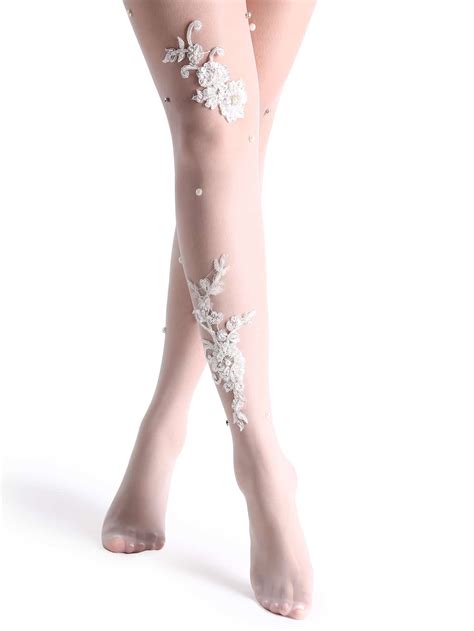 white handmade beaded lace sheer pantyhose stockings shein sheinside