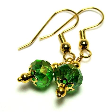 Dark Green Crystal And Gold Flowers Dainty Dangle Earrings Was