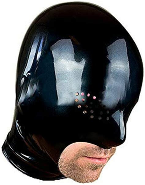 Latex Hood Open Mesh Eyes Exposed Mouth And Chin Back Zipper Black Rubber Mask