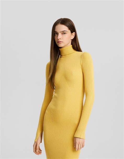 ribbed knit midi dress with long sleeves and high neck with slits women bershka