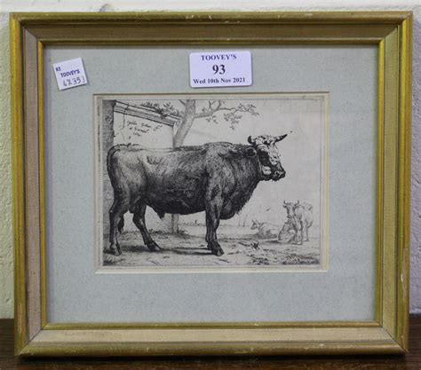 Paulus Potter The Bull Monochrome Etching 11cm X 14cm Within A