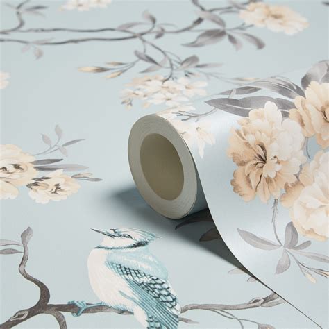 Fine Décor Chinoiserie Teal Foliage And Birds Wallpaper