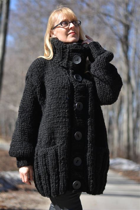Handmade Wool Cardigan Knitted Wool Coat Chunky Cardigan Tneck Etsy