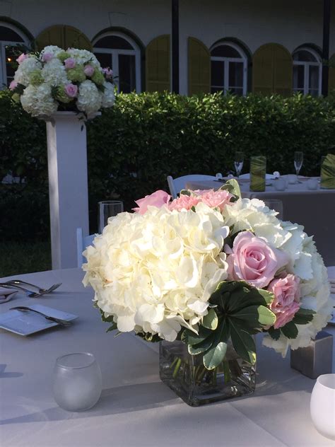 White Hydrangea Pink Rose Centerpiece And Pedestal Arrangement In