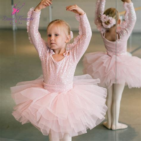 Child Show Costume Pink Sequin Dress Long Sleeve Ballet Tutus Girls