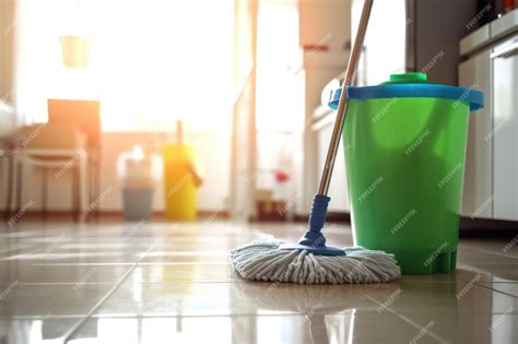 Premium Photo Mop And Bucket Of Cleaning Supplies On Blurry Home