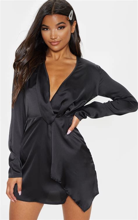 Black Silky Long Sleeve Panelled Shift Dress Shift Dresses Black